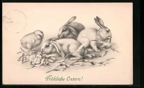 AK Osterhasen mit Schleifen, Fröhliche Ostern