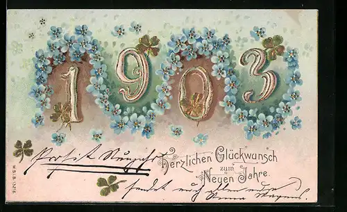 AK Blaue Blüten rahmen die Jahreszahl 1903 ein, Herzlichen Glückwunsch zum neuen Jahre