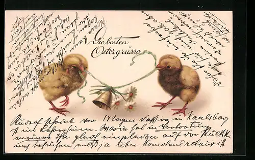 AK Osterküken mit Schleife und Glocke