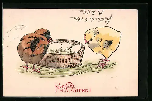 AK Osterküken mit Ostereiern im Körbchen