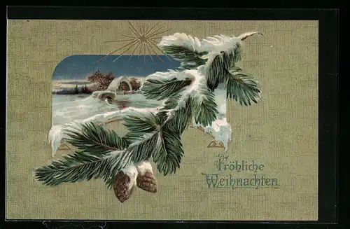AK Fröhliche Weihnachten, Verschneiter Tannenzweig