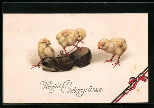 AK Osterküken mit Schuh, Herzliche Ostergrüsse