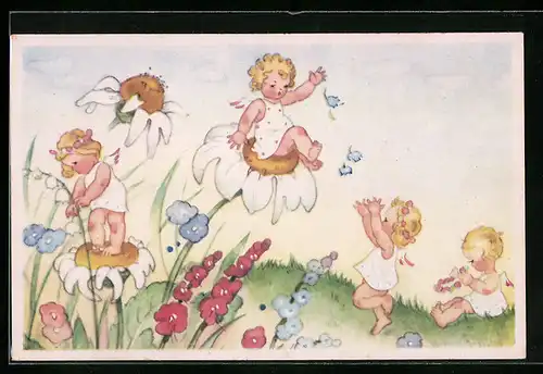 AK Kleine Engelchen streuen Blumen