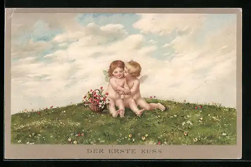 AK Amor sitzt mit seiner Liebsten auf der Wiese, Der erste Kuss