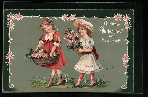 AK Herzlichen Glückwunsch zum Geburtstage, zwei Mädchen mit Blumen