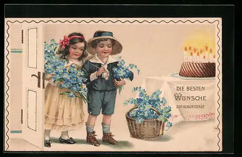 AK Kinder mit Blumen zum Geburtstag