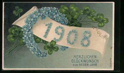AK Herzlichen Glückwunsch zum neuen Jahr 1908!, Kleeblätter und Blumen