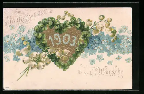 AK Jahreszahl im Herz aus Kleeblättern mit Blumen, Neujahrsgruss 1903