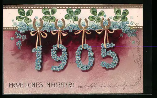 AK Jahreszahl mit Blumen und Kleeblättern, Neujahrsgruss 1905