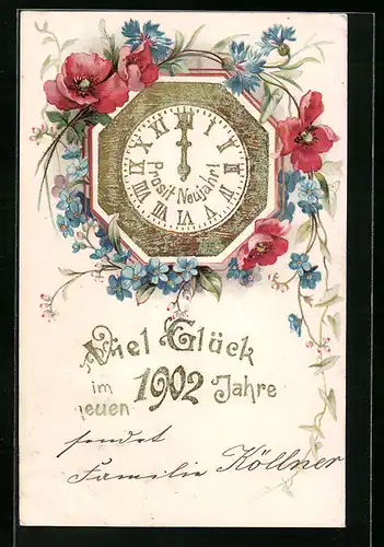 AK Uhr zu Mitternacht mit Jahreszahl 1902