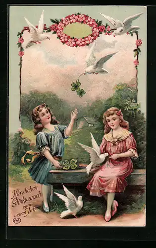 AK Glückwunsch zum neuen Jahre, Kinder mit weissen Tauben