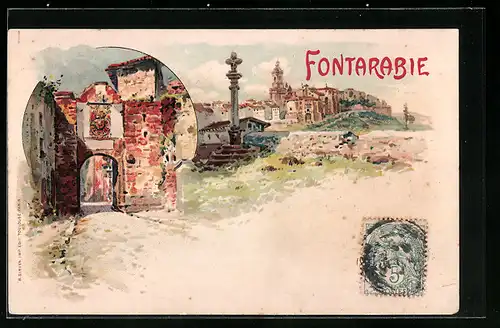 Lithographie Fontarabie, Tor im Ort, Teilansicht