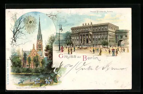Lithographie Berlin, Kaiser Friedrich Palais & Gedächtniskirche
