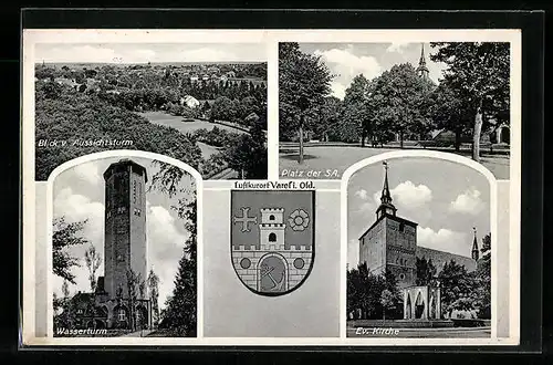 AK Varel i. Old., Platz der SA., Ev. Kirche, Wasserturm, Wappen