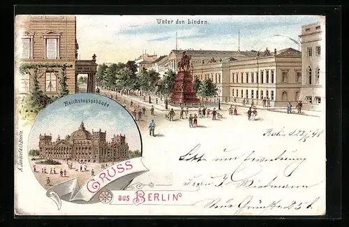 Lithographie Berlin, Reichstagsgebäude, Strasse Unter den Linden