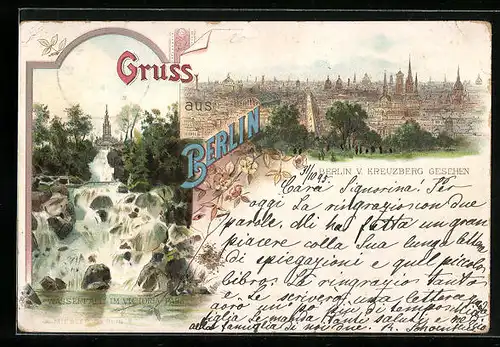 Vorläufer-Lithographie Berlin, 1895, Wasserfall im Victoriapark, Totale vom Kreuzberg aus gesehen