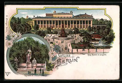Lithographie Berlin, Denkmal Albrecht II., Kgl. Museum mit Lustgarten