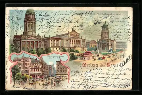 Lithographie Berlin, Unter den Linden Ecke Friedrichstrasse, Gendarmen Markt mit Schauspielhaus