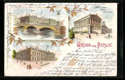 Lithographie Berlin, Friedrichsbrücke, Ruhmeshalle und National-Gallerie