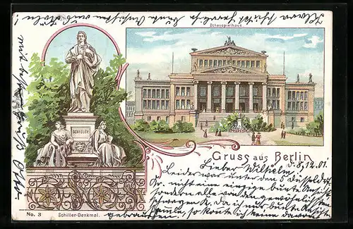 Lithographie Berlin, Schauspielhaus und Schiller-Denkmal, Gendarmenmarkt