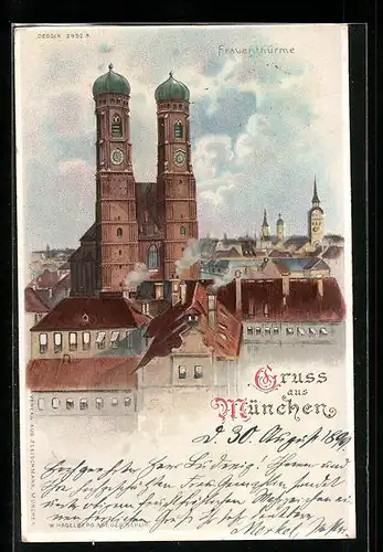 Lithographie München, Teilansicht mit Frauenthürmen