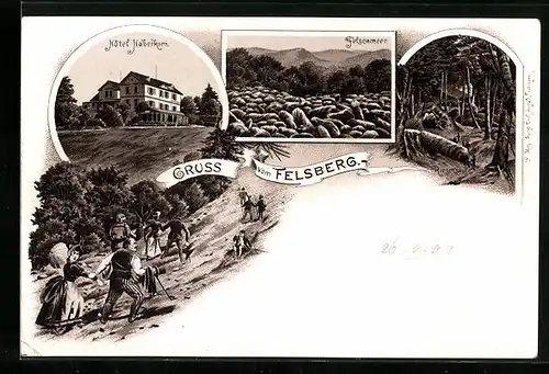 Lithographie Felsberg, Hotel Haberkorn, Wanderer, Felsenmeer
