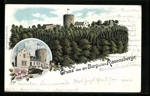 Lithographie Ravensberg, Burg mit Gasthaus und Aussichtsturm