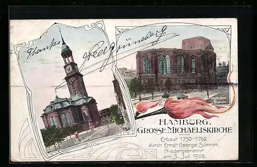 AK Hamburg, Grosse Michaeliskirche vor und nach dem Brand 1906