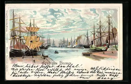 Lithographie Bremen, Hafenbild mit Segelschiffen