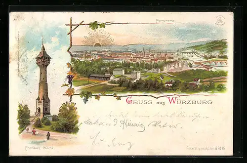 Lithographie Würzburg, Franken-Warte und Gesamtansicht