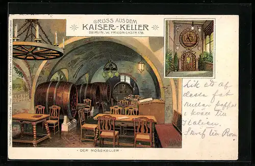 Lithographie Berlin, Restaurant Kaiser-Keller, Blick in den Rosekeller, Friedrichstr. 178