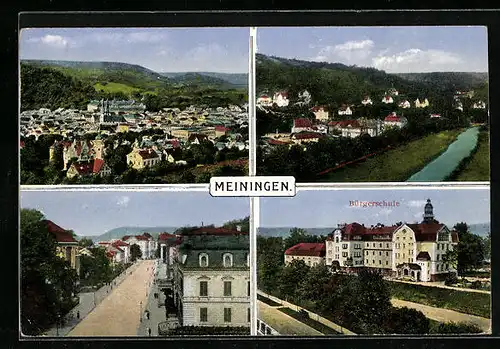 AK Meiningen, verschiedene Ortsansichten mit Häusern und Bürgerschule