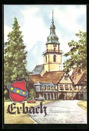 Künstler-AK Erbach i. Odenwald, Ortsansicht mit Kirche