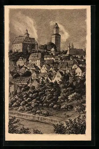Künstler-AK Cronberg i. Taunus, Ortsansicht mit Turm
