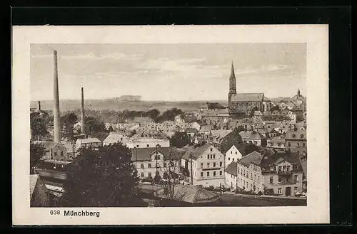 AK Münchberg, Teilansicht mit Fabrik und Kirche aus der Vogelschau