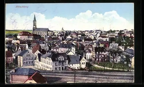 AK Münchberg, Teilansicht mit Bahnschienen von oben