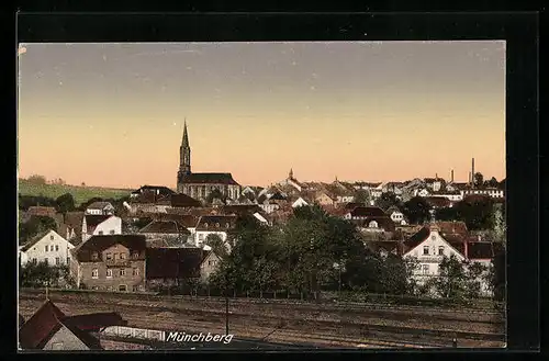 AK Münchberg, Ortspanorama mit Kirche