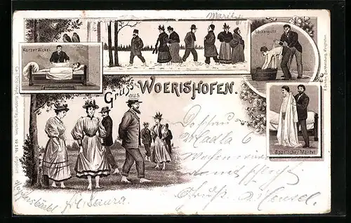 Lithographie Wörishofen, Kneippanwendungen, Rückenguss, Kurzer Wickel