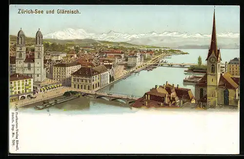 Lithographie Zürich, Ortsansicht mit Zürich-See