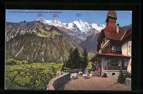 AK Interlaken, Grand Restaurant Harderkulm mit Eiger, Mönch und Jungfrau