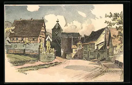 Lithographie Hebsack / Remshalden, Strassenpartie mit Kirche