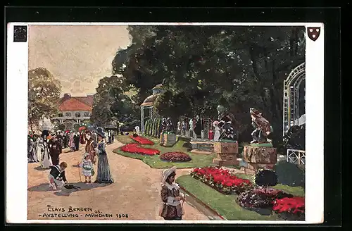 Künstler-AK München, Ausstellung 1908, Besucher im Park mit Anlagen und Statuen