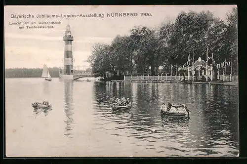 AK Nürnberg, Jubiläums-Landes-Ausstellung 1906, Leuchtturm am Dutzendteich mit Restaurant