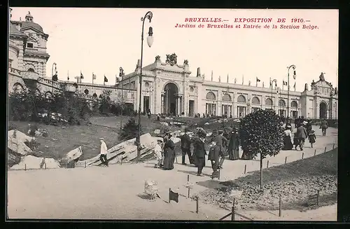 AK Bruxelles, Exposition de 1910, Jardins de Bruxelles et Entrée de la section Belge