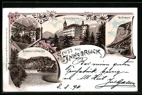Lithographie Innsbruck, Schloss Ambras, Martinswand, Sillfall beim Berg Isel