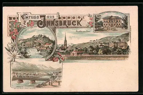 Lithographie Innsbruck, Sillfall beim Berg Isel, Histor. Museum, Innbrücke