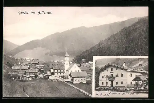 AK Gerlos /Zillertal, Ortsansicht, Gasthaus zur Alpenrose
