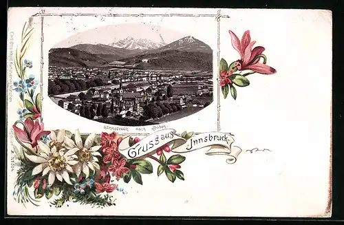 Lithographie Innsbruck, Ortsansicht nach Süden, Blumenmotiv