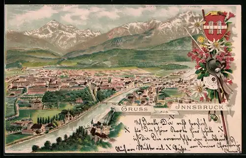Lithographie Innsbruck, Gesamtansicht aus der Vogelschau, Wappen