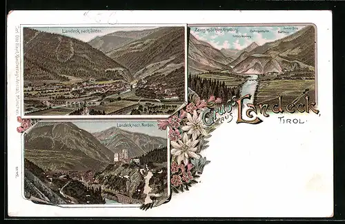 Lithographie Landeck, Gesamtansicht aus der Vogelschau, Zams m. Schloss Kronburg